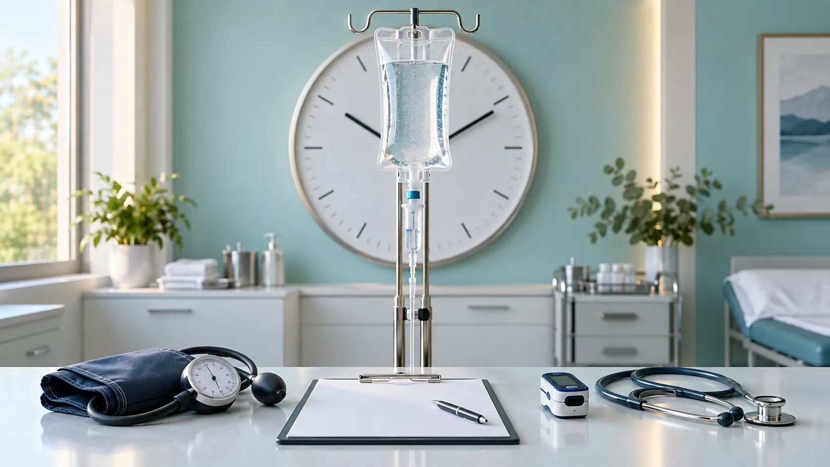 Инфузионная система и медицинские часы расположены в центре рядом с тонометром и диагностическими принадлежностями